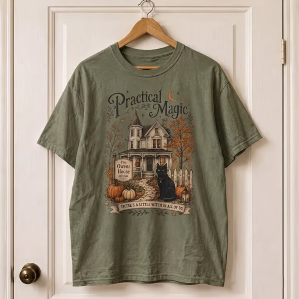 Practical Magic The Owens House Black Cat Pumpkins Military Green Tee